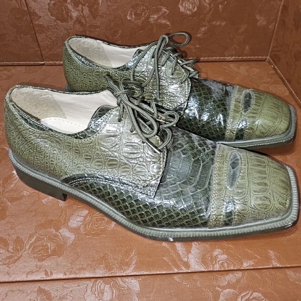 (Size-10) Sio PU Upper Lace Up Shiny Green Faux Crocodile Dress Shoes
